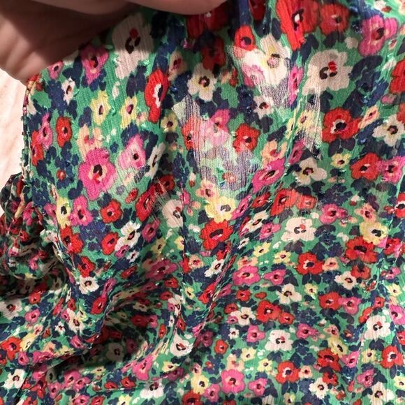 Rachel Zoe Green Floral V-Neck Tassel Tie Boho Peasant Blouse Women's M - Picture 7 of 7